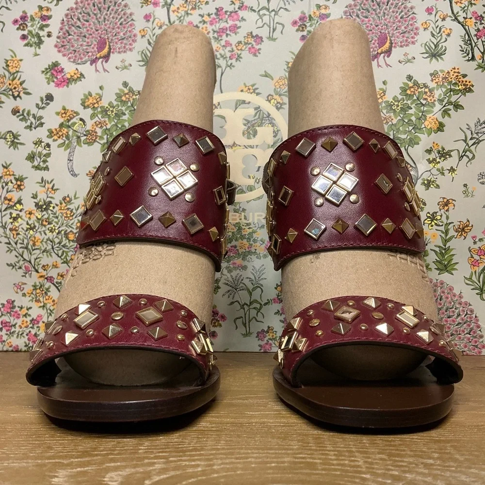 Tory Burch Kingsbridge Studded Open-Toe Wedge Sandal Red Agate Size 7